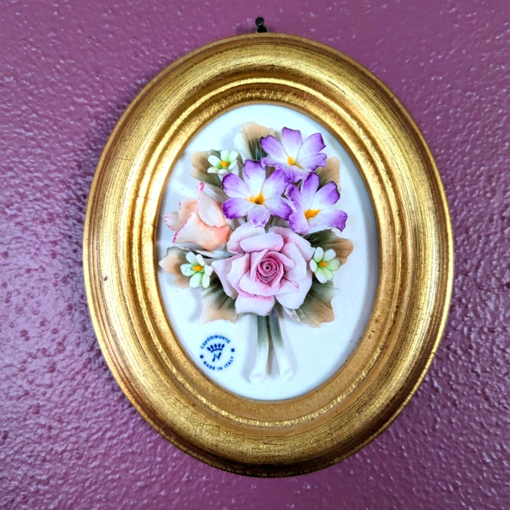 Vintage Capodimonte flowers in gold frame by Giulio Attanasio